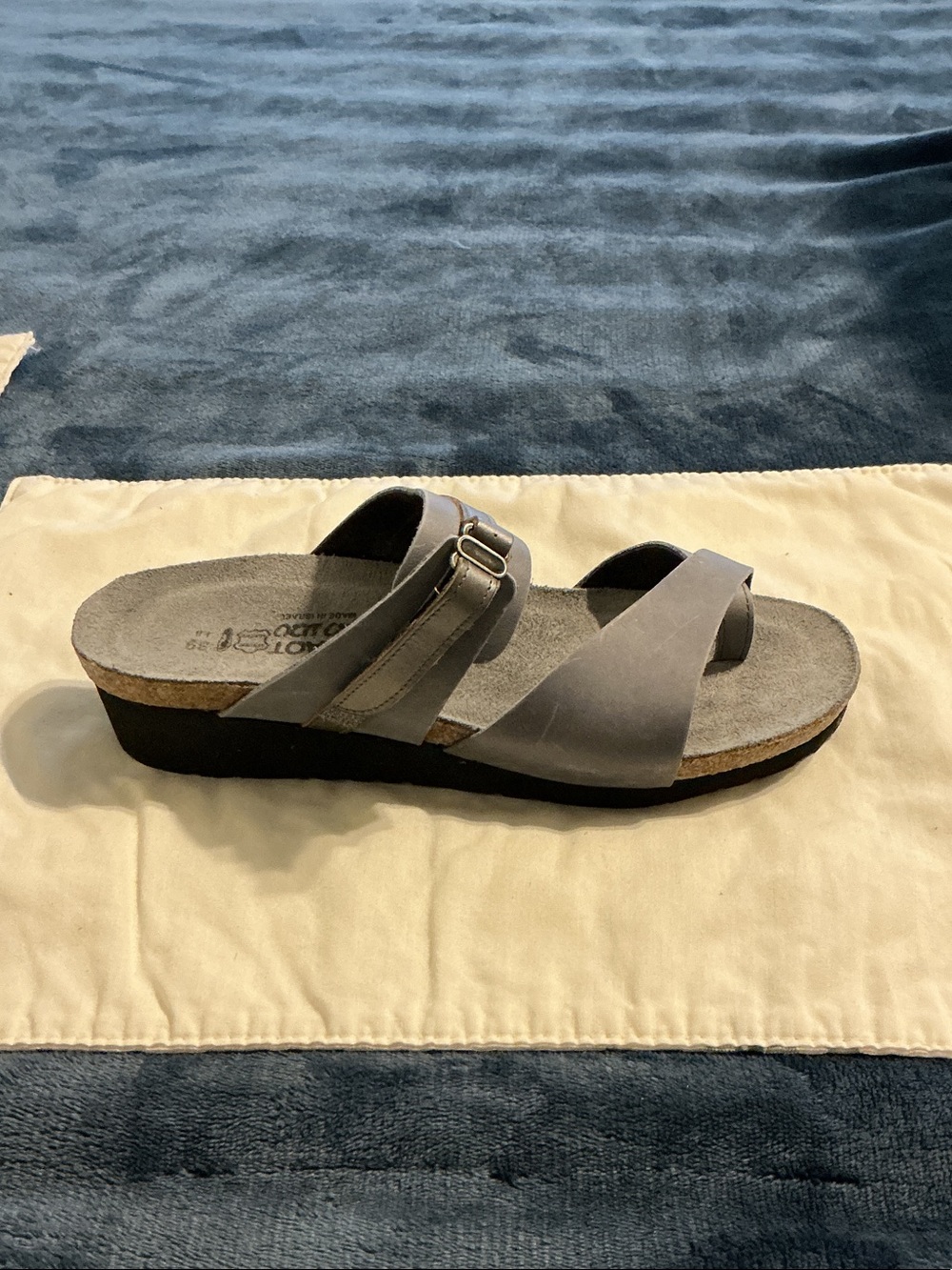 Naot Gray Leather Crisscross Slide Sandal with Buckle